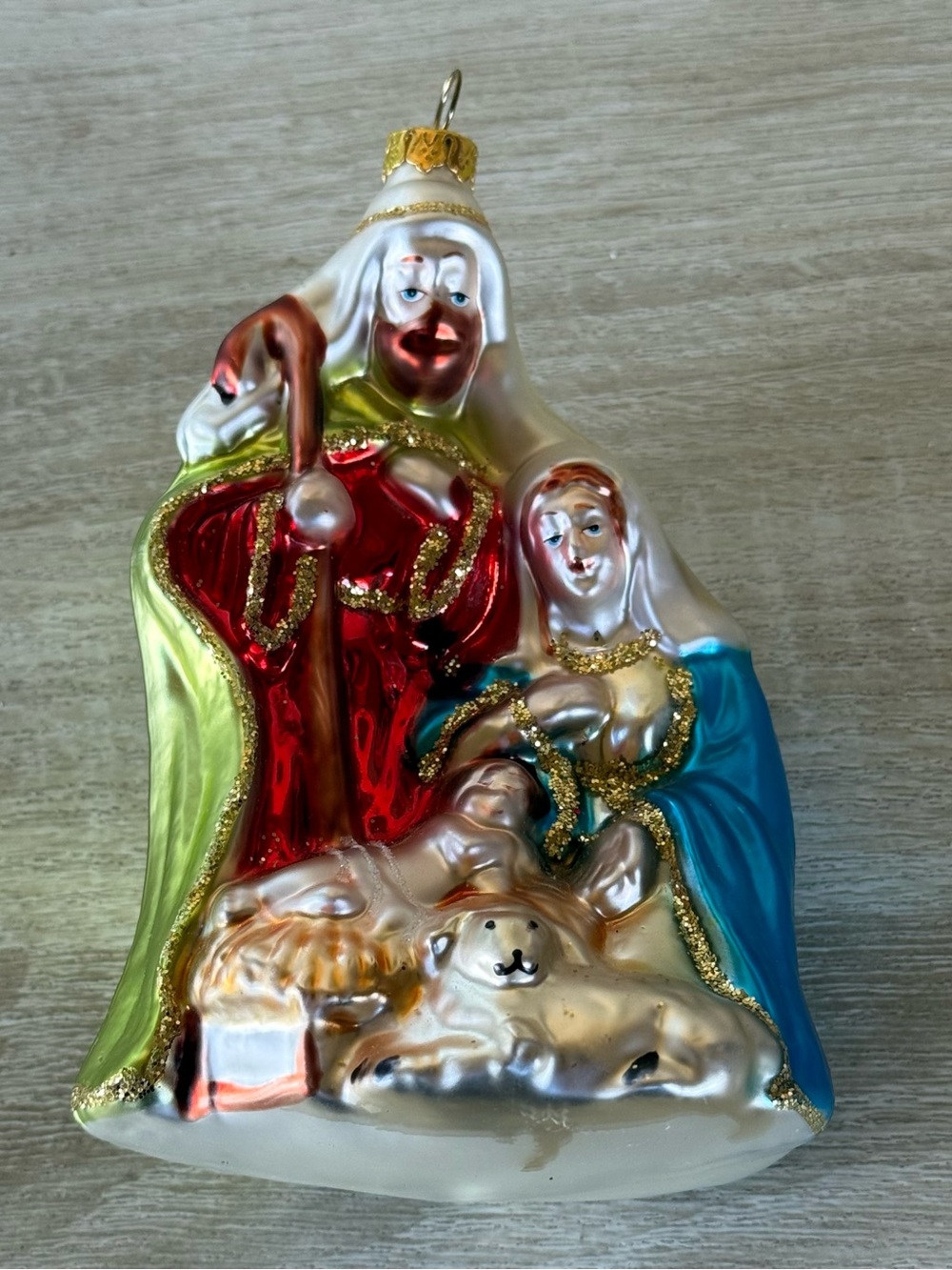 Glass Nativity Christmas Ornament Holy Family Mary Joseph Jesus Glitter Manger